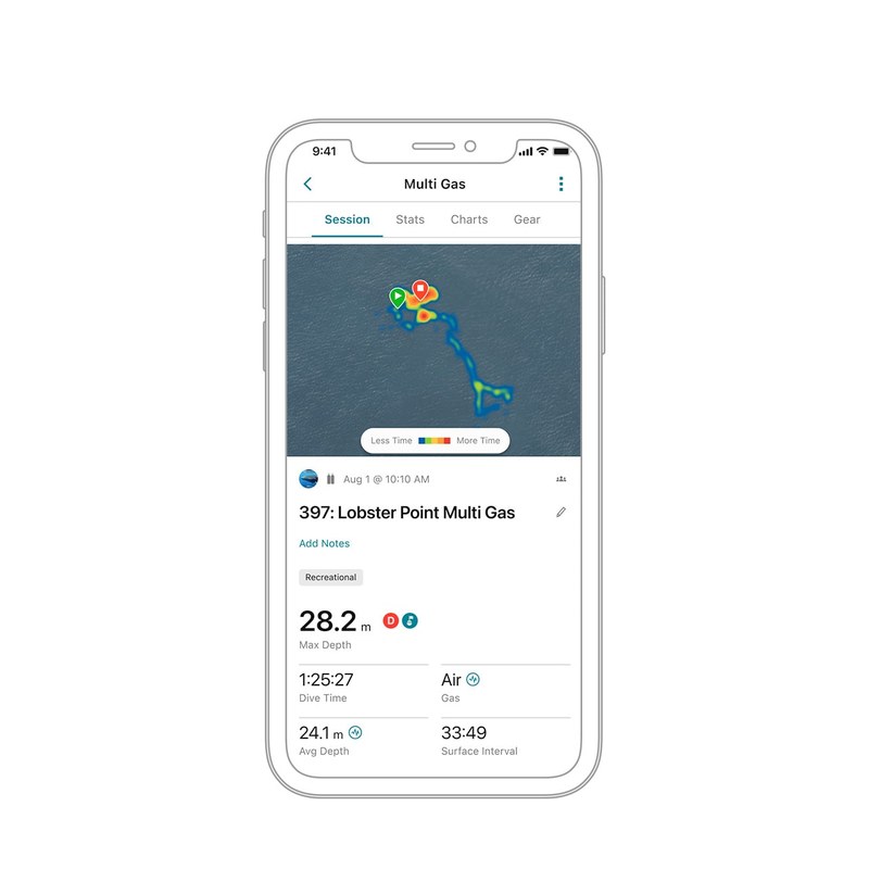 Carte thermique d'une plongée dans l'application Garmin Dive