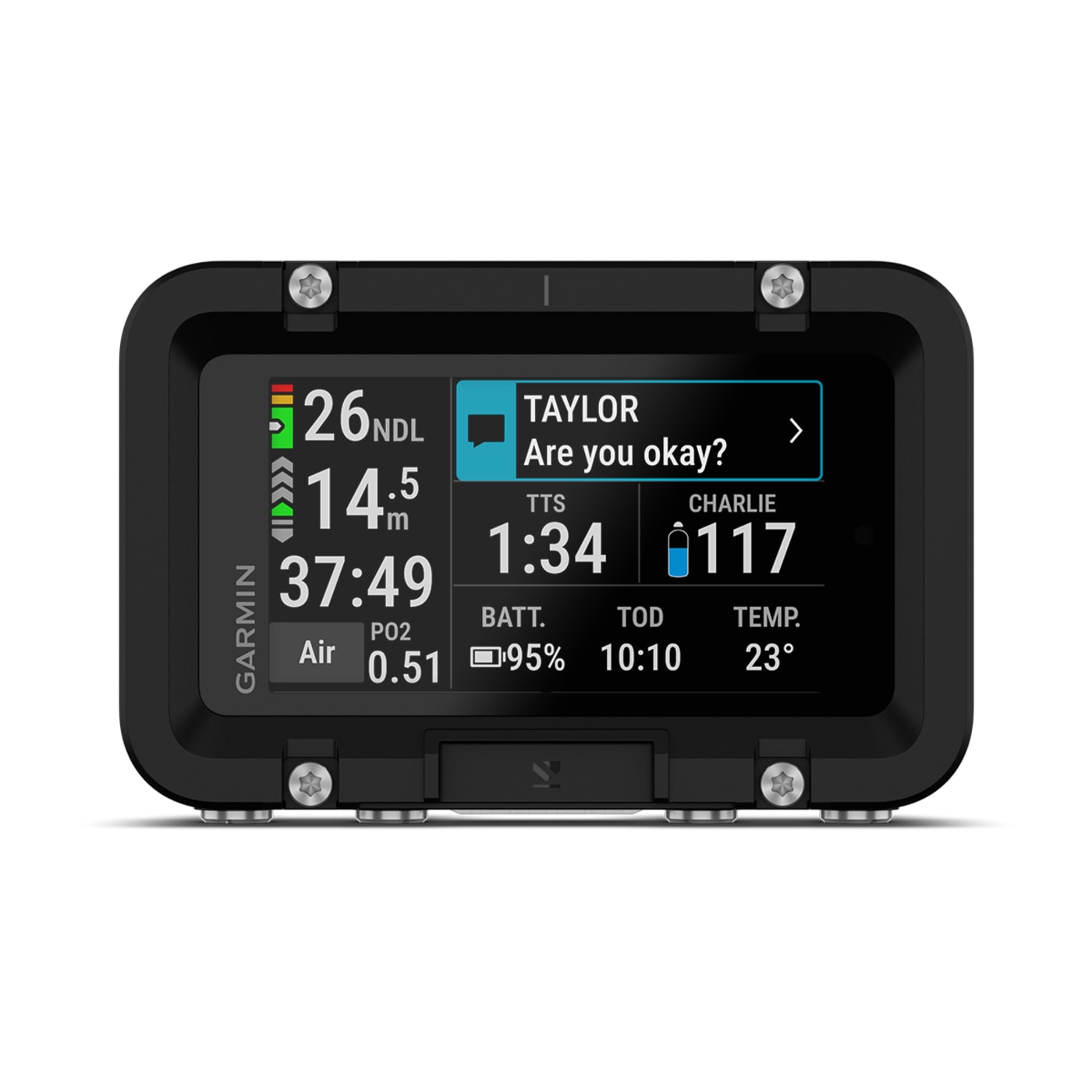 Garmin Descent X50i recevant un message pr&eacute;r&eacute;dig&eacute; d'un autre plongeur par le r&eacute;seau SubWave