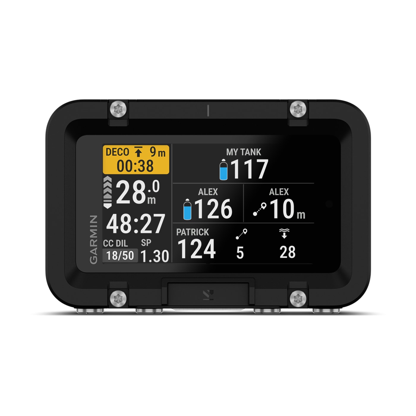 Garmin Descent X50i en d&eacute;compression, affichant la pression des bouteilles de deux co&eacute;quipiers
