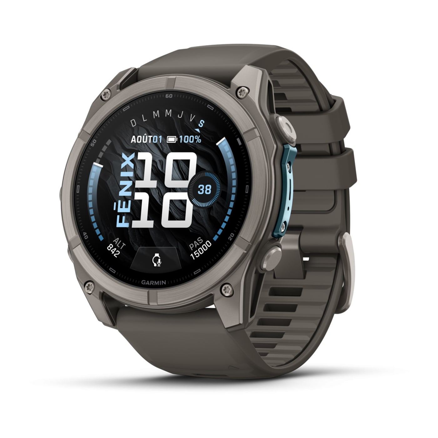 Garmin fenix 9 51 mm titane bracelet gris galet, de face, cadran fēnix 9