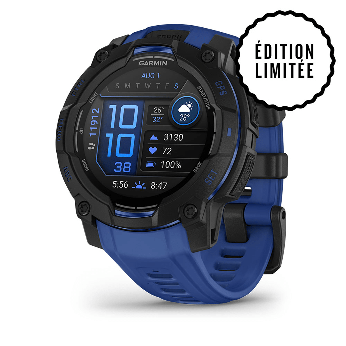 Montre Garmin Instinct 3 – 45 mm, AMOLED Bleu électrique - face