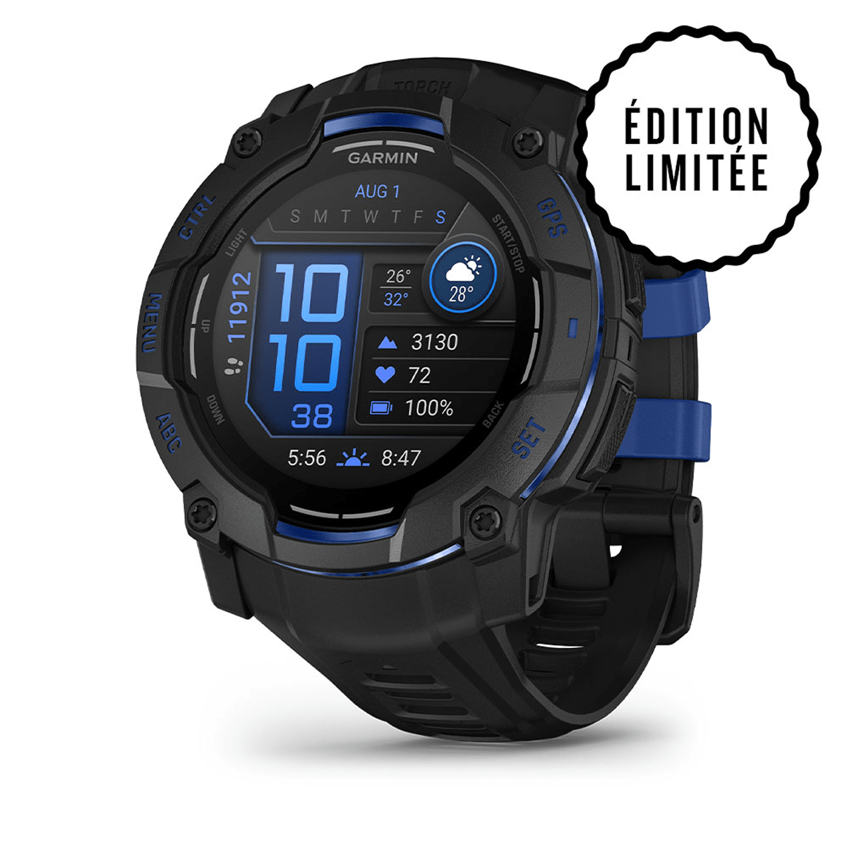 Montre Garmin Instinct 3 – 50 mm, AMOLED Bleu électrique - face